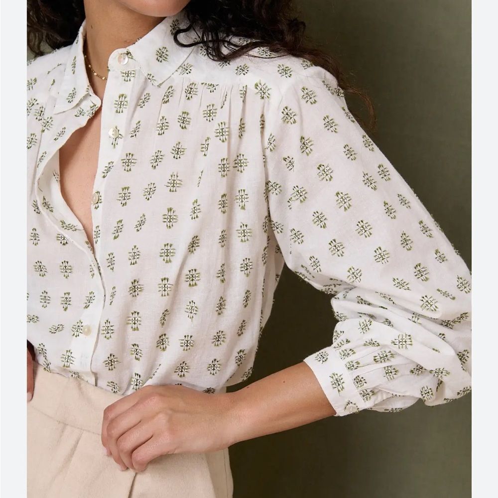 White Cotton Button-Front Blouse with Olive Motif